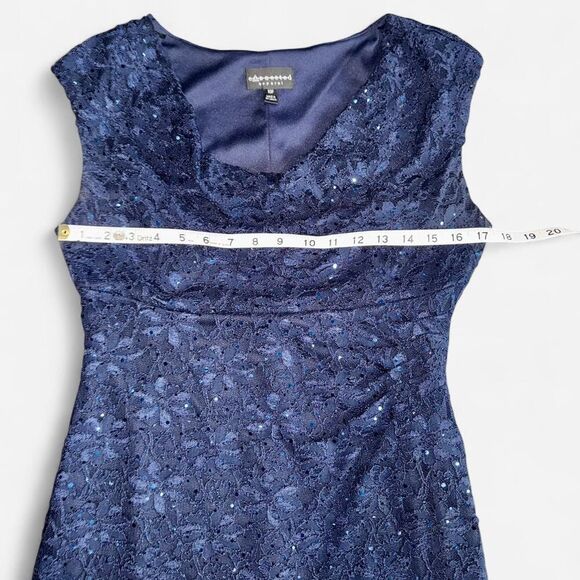 Navy Lace and Sequin Sheath Dress with Cowl Neckline - Picture 5 of 8
